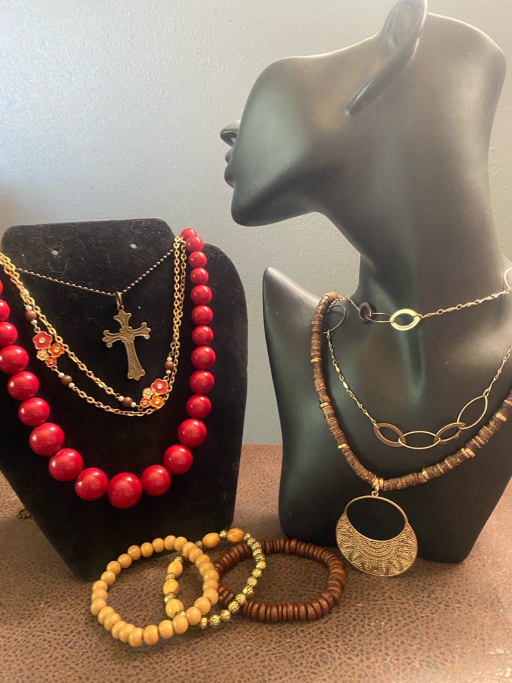 Assorted Women’s Multi-Long Necklace Set in Red, Gold and Brown -and bracelets